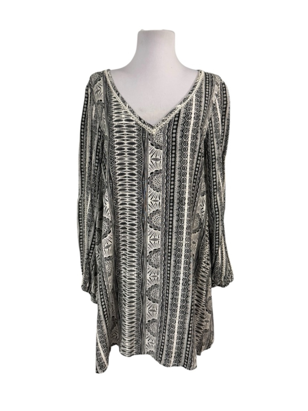 Roxy April Morning Boho Long Sleeve Black White Mini Dress Small V-Neck Tunic